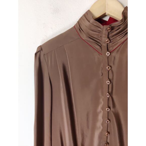 Francesca of Damon For Starington 1980's Vintage Tan Silk Button Shirt Dress 12 - Picture 2 of 10